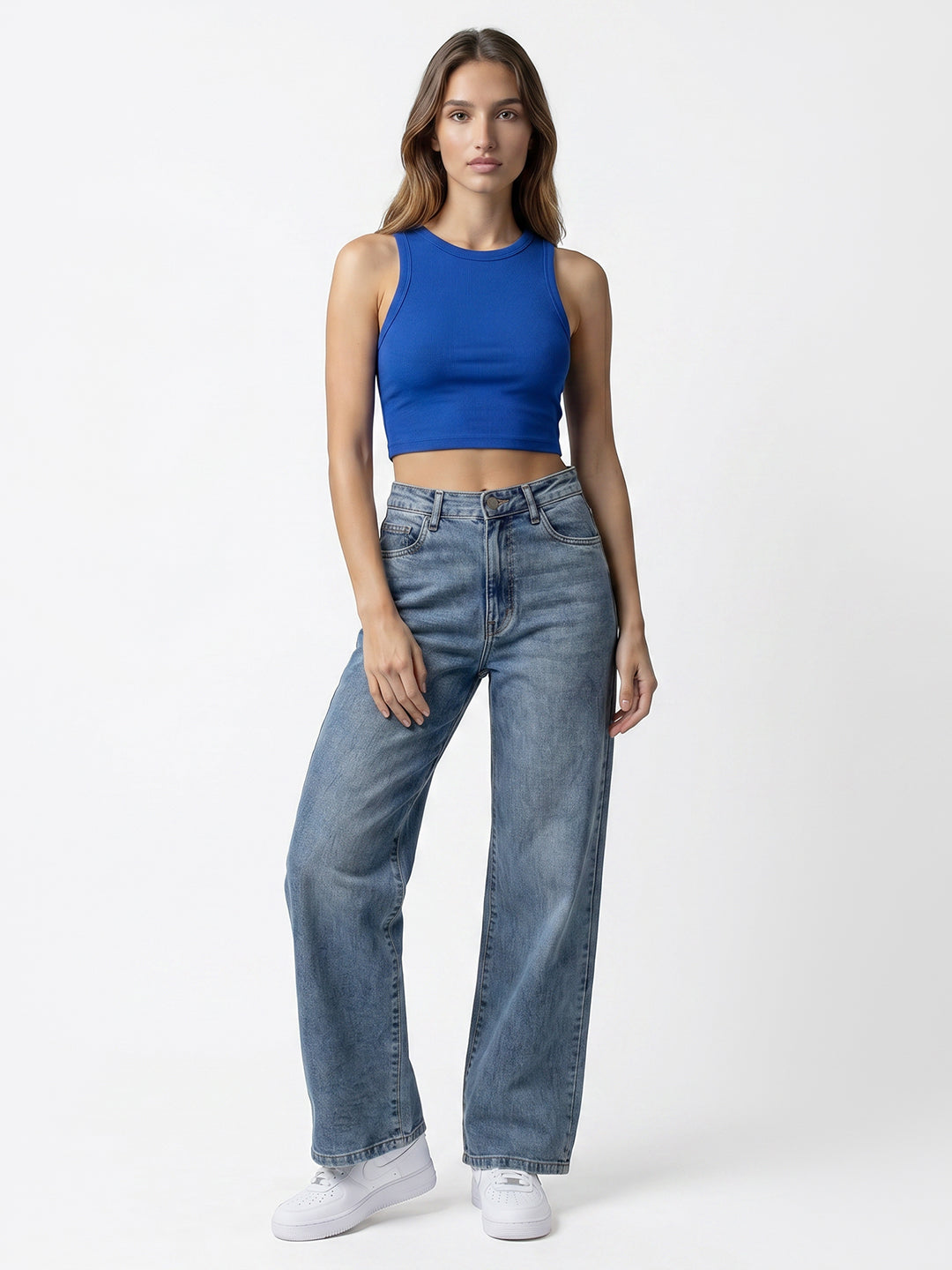 Women Blue Ribcage Wide Leg Jeans