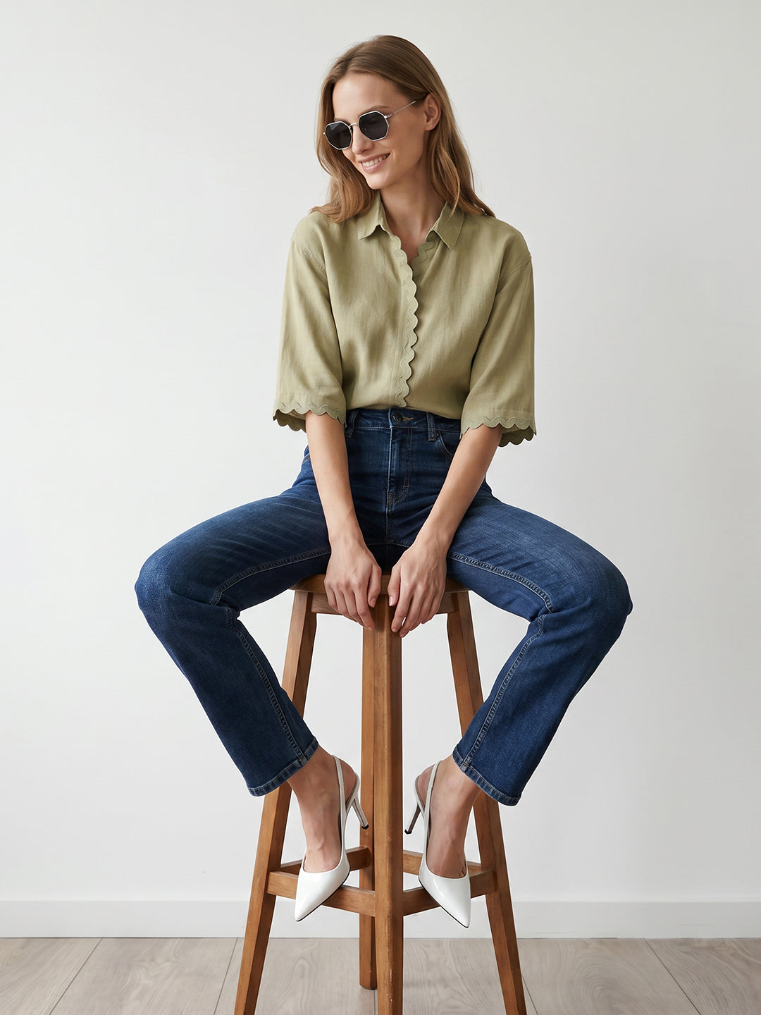 Women Light Olive Crop Shirt