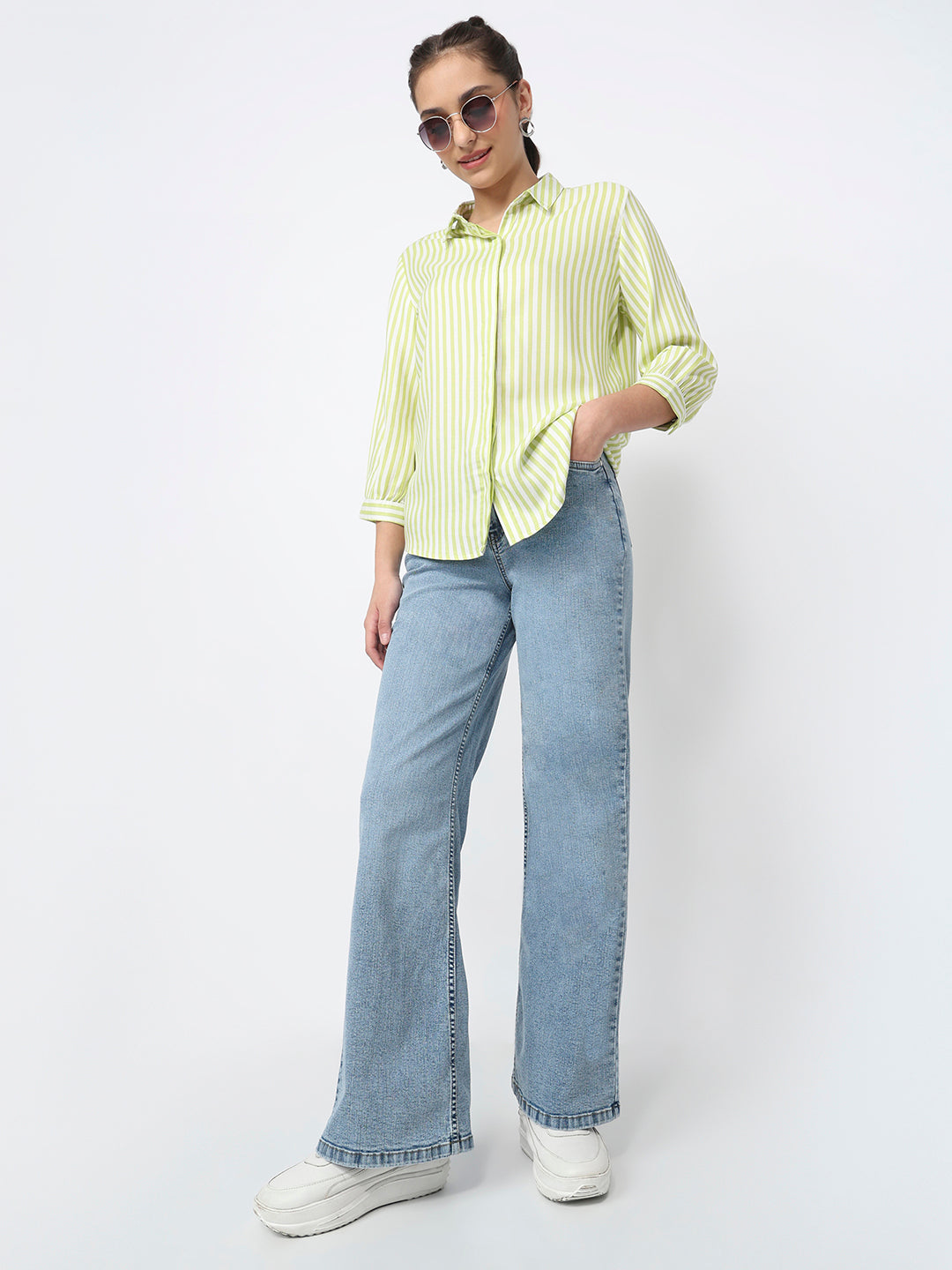 Women Lime/White Striped Shirts