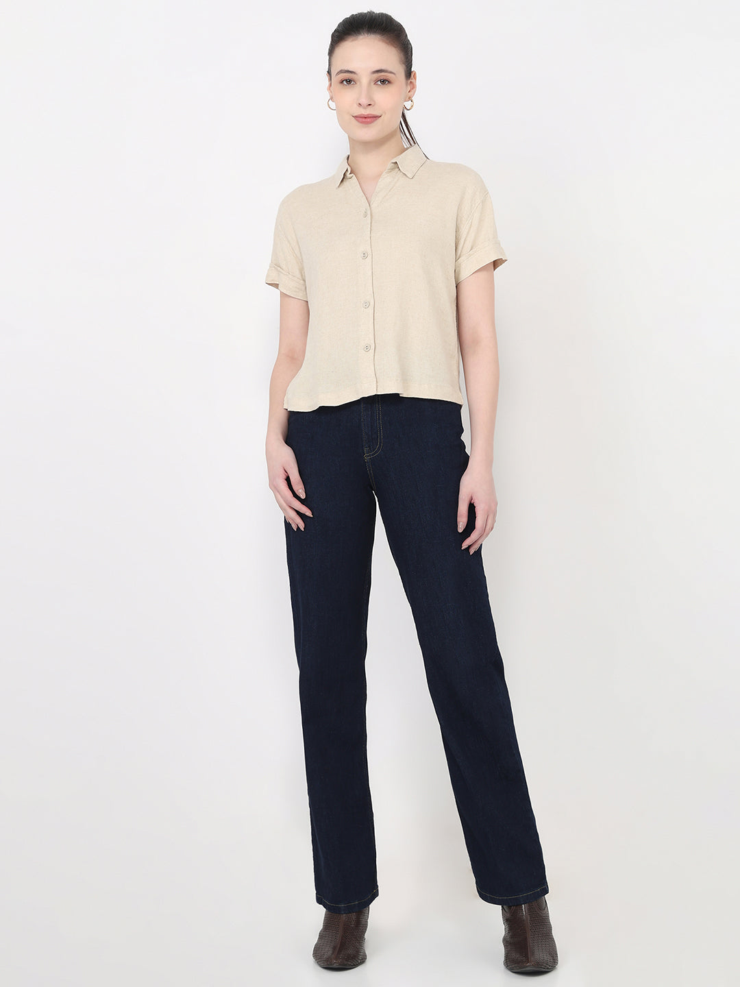 Women Dark Natural Slim Fit Crop Shirt