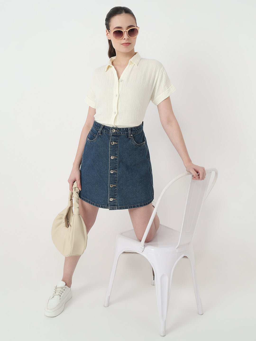 Women Ivory Slim Fit Crop Shirt