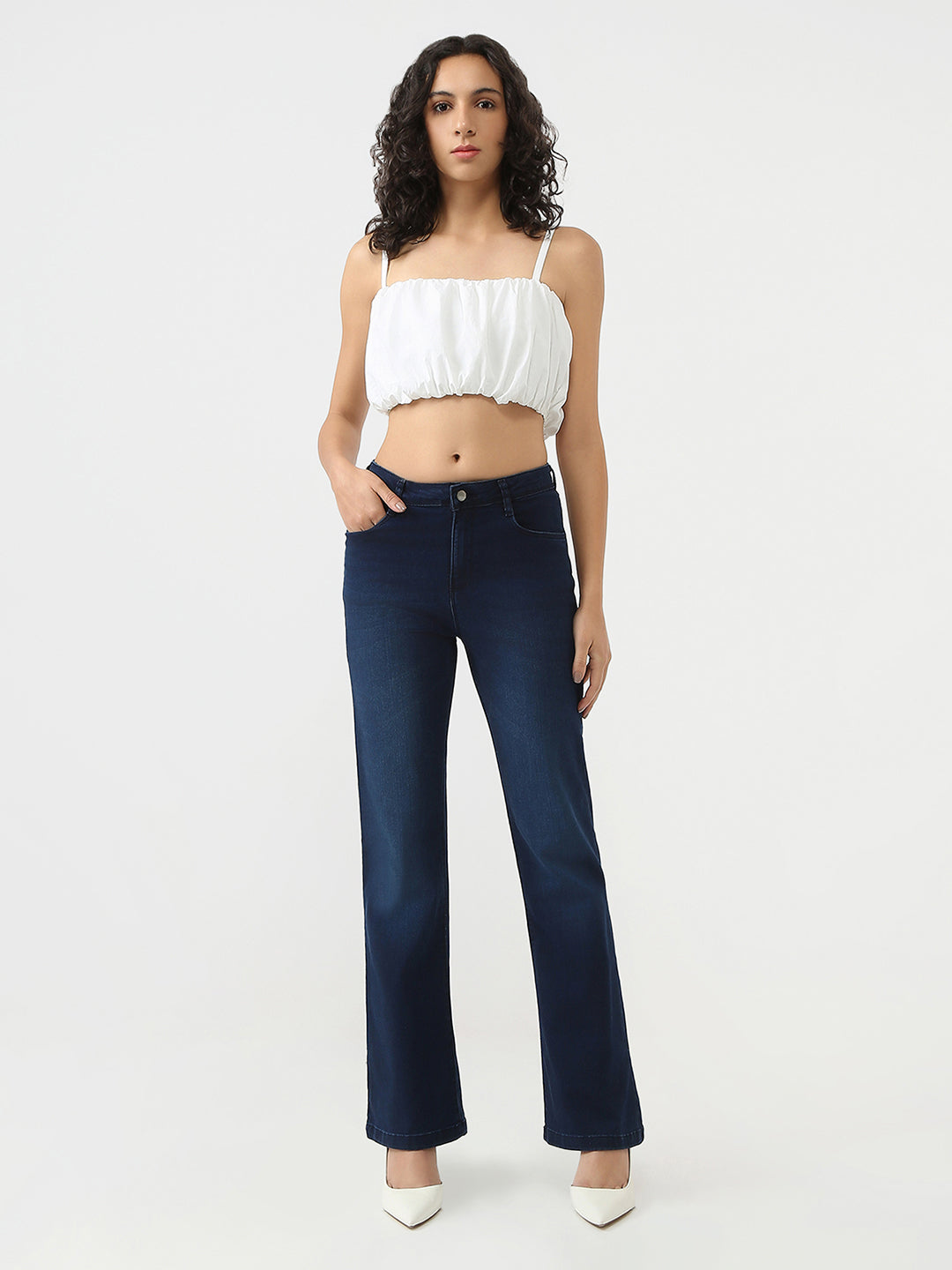 Women High Rise Mini Flared Jeans