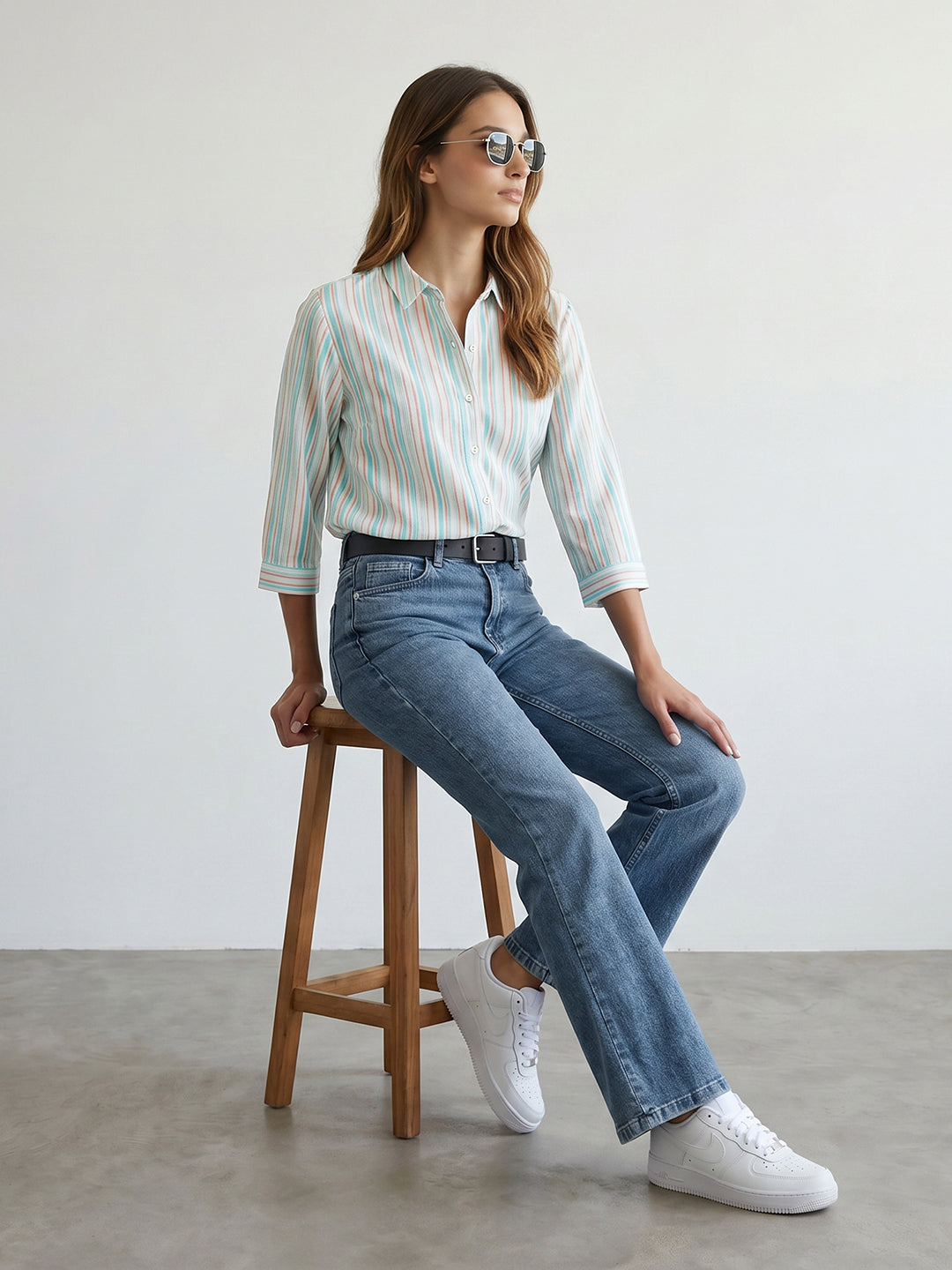 Women Rust/Aqua Stripe Shirt
