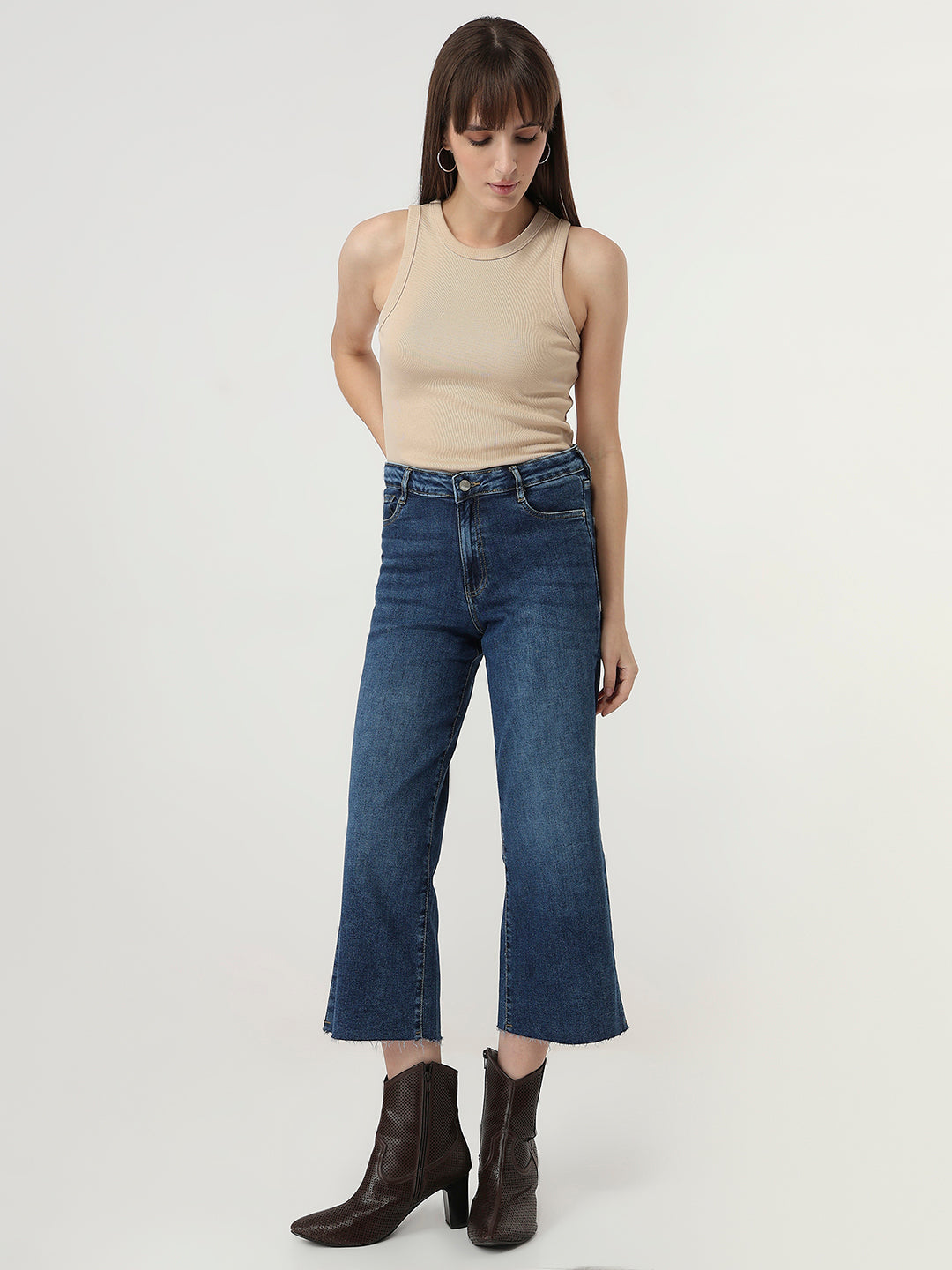 Women Blue Crop Wide Leg Jeans