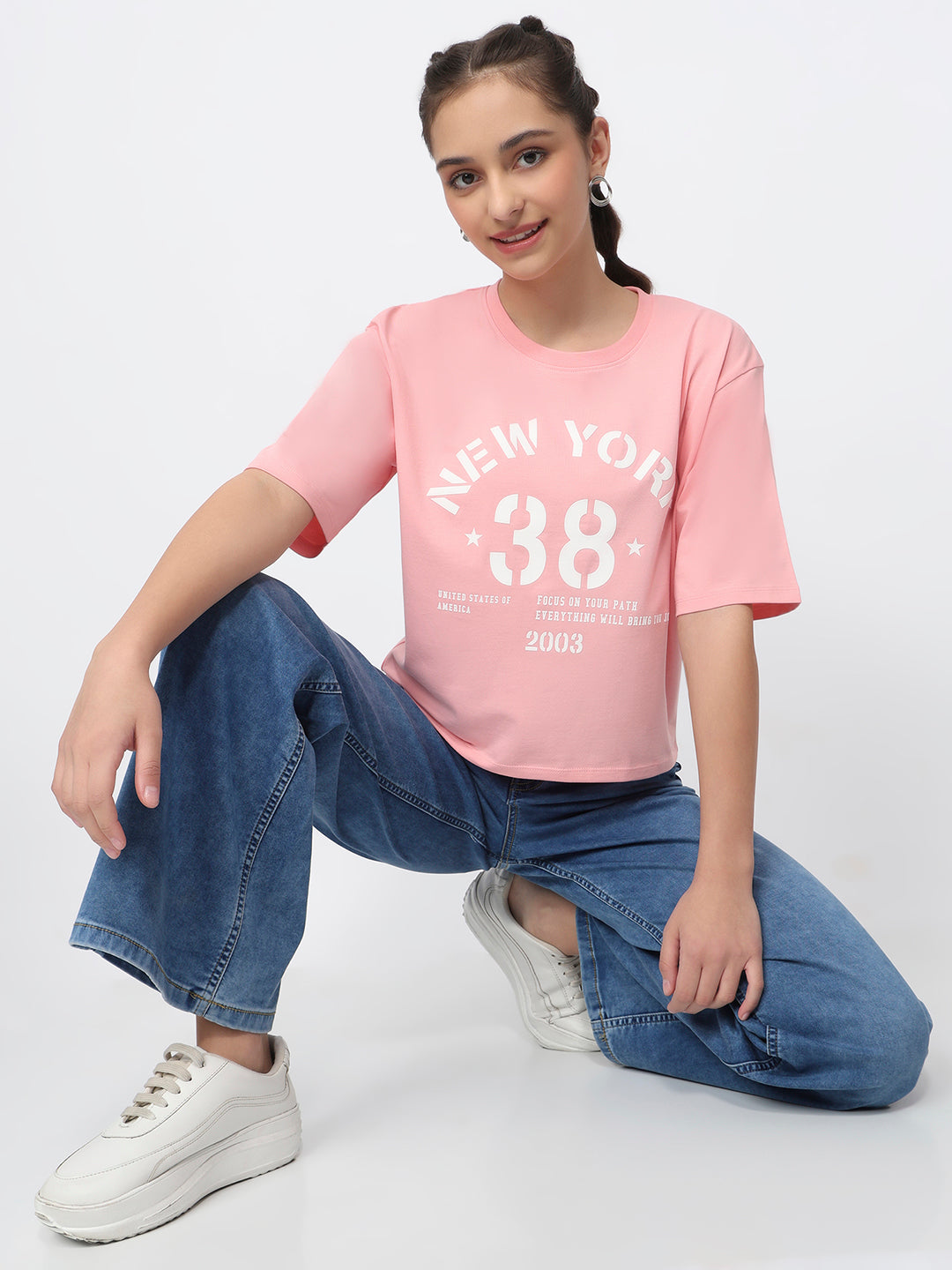 Women Peach Pink Graphic Crop Tees