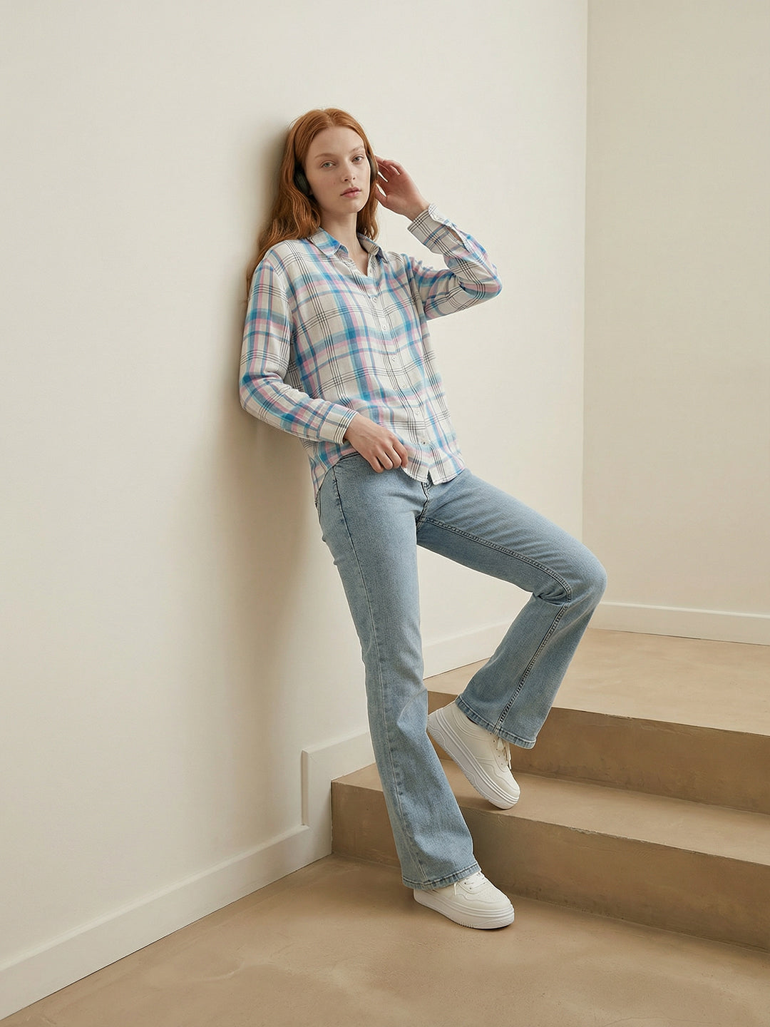 Women Sky/White Checked Oversized Shirt