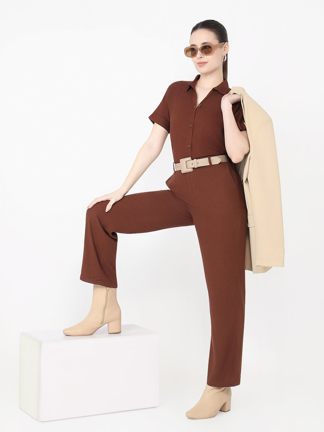 Women Sepia Slim Fit Crop Shirt