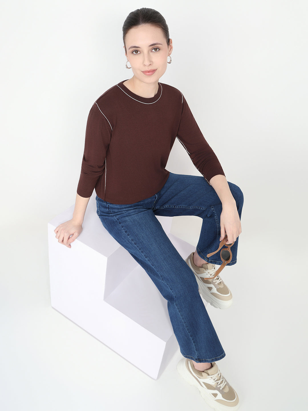 Women Coffee Bean Slim Fit Flat Knit