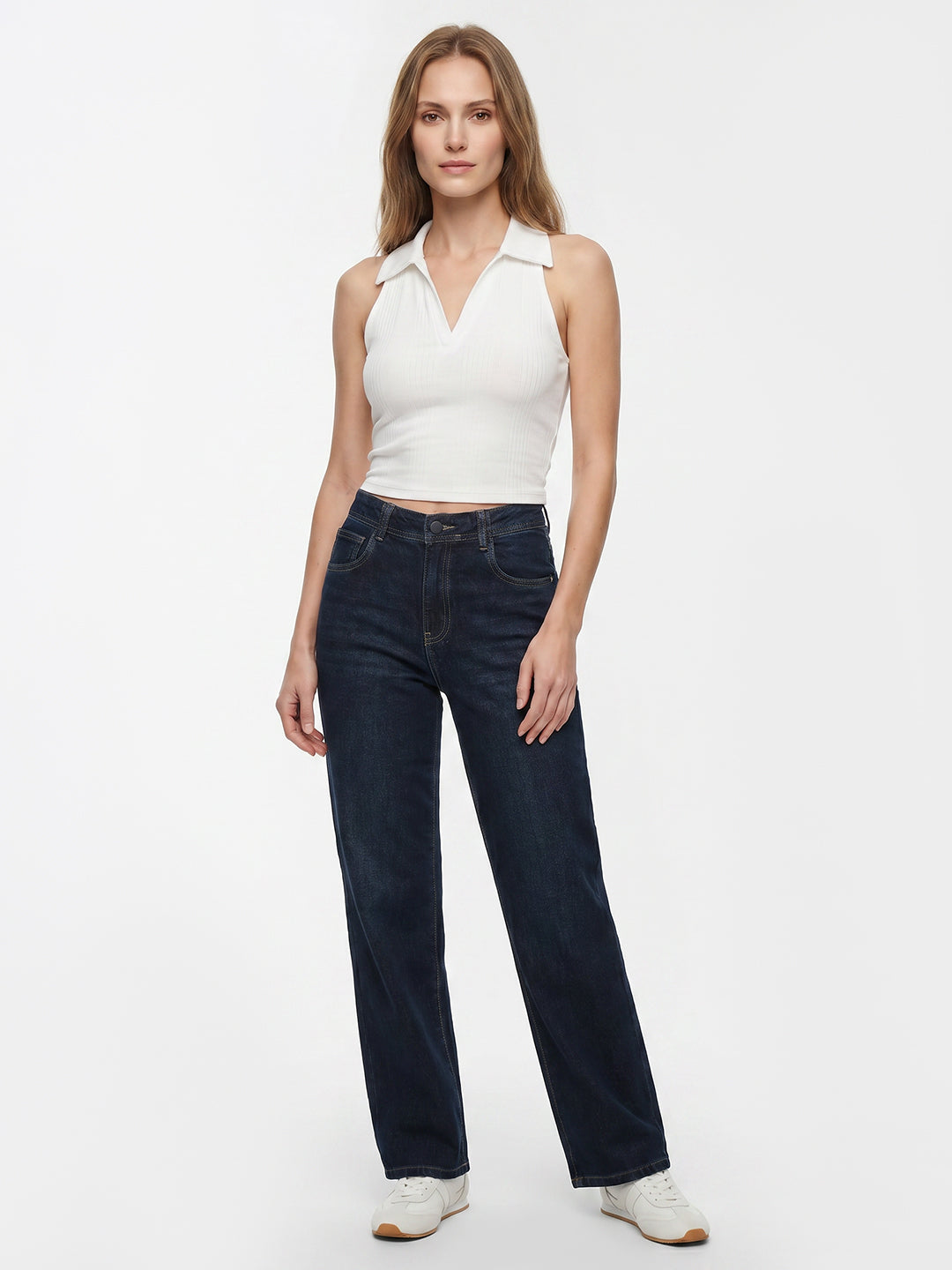 Women Dark Blue High-Rise Wide Leg Jeans