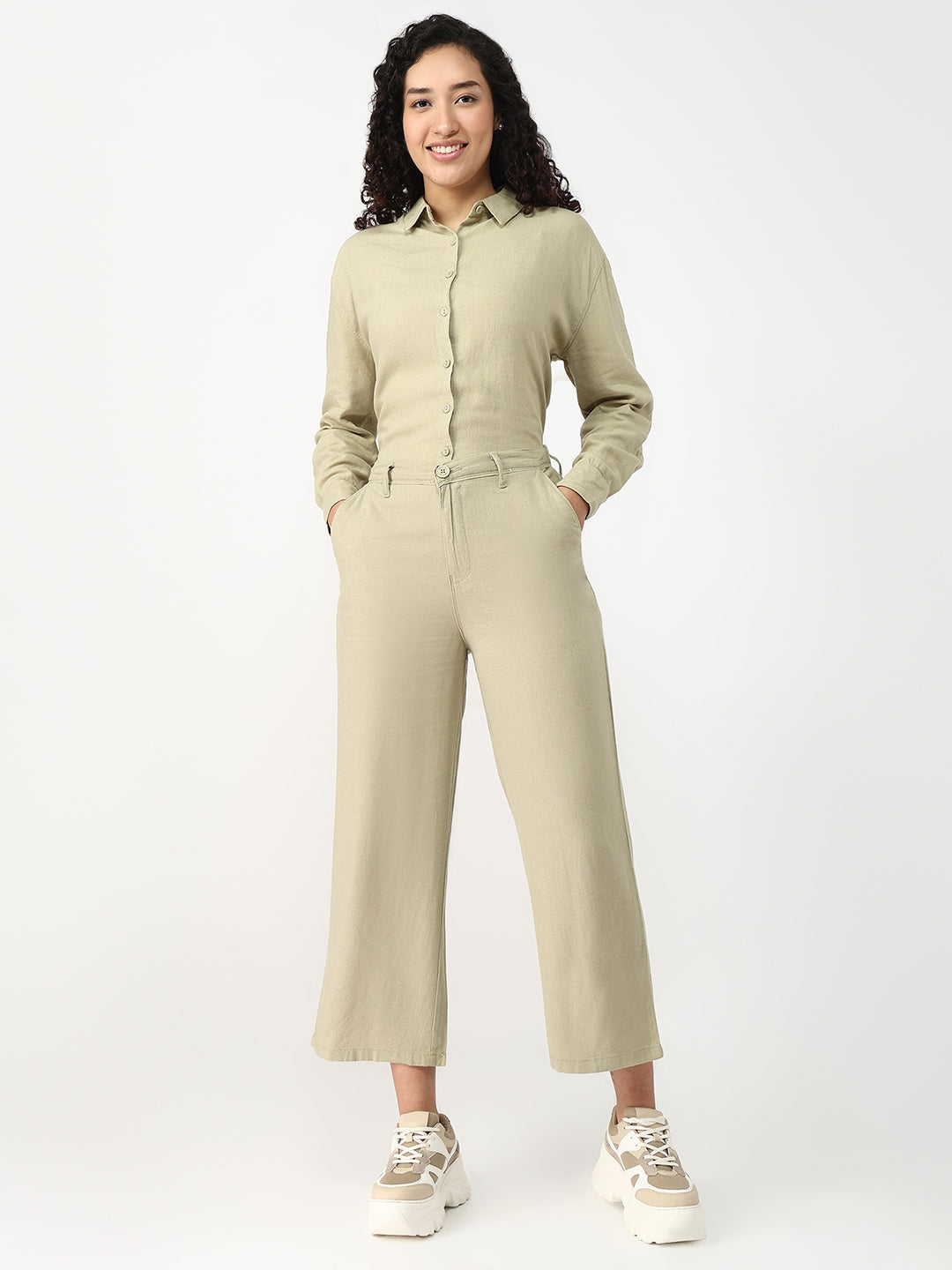 Women Light Olive Crop Wide Leg Trousers