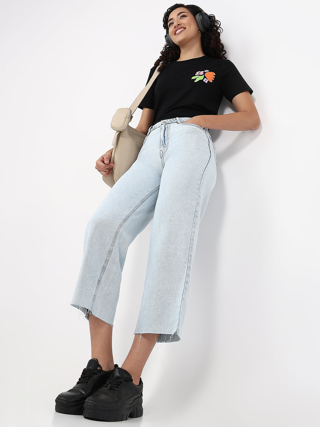 Women Light Blue Crop Wide Leg Jeans