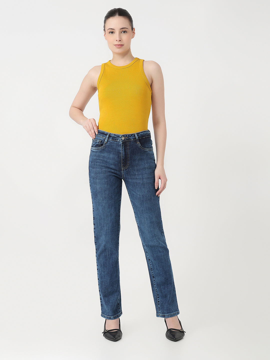 Women Blue High-Rise Slim Straight Jeans