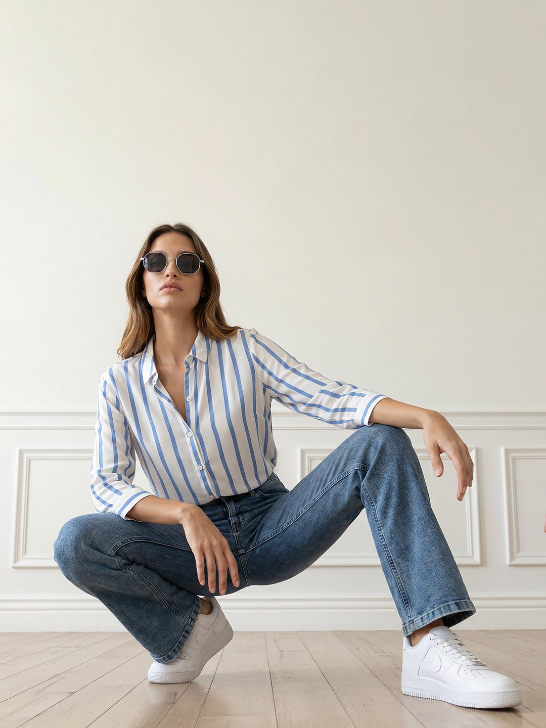 Women White/Blue Stripe Shirt