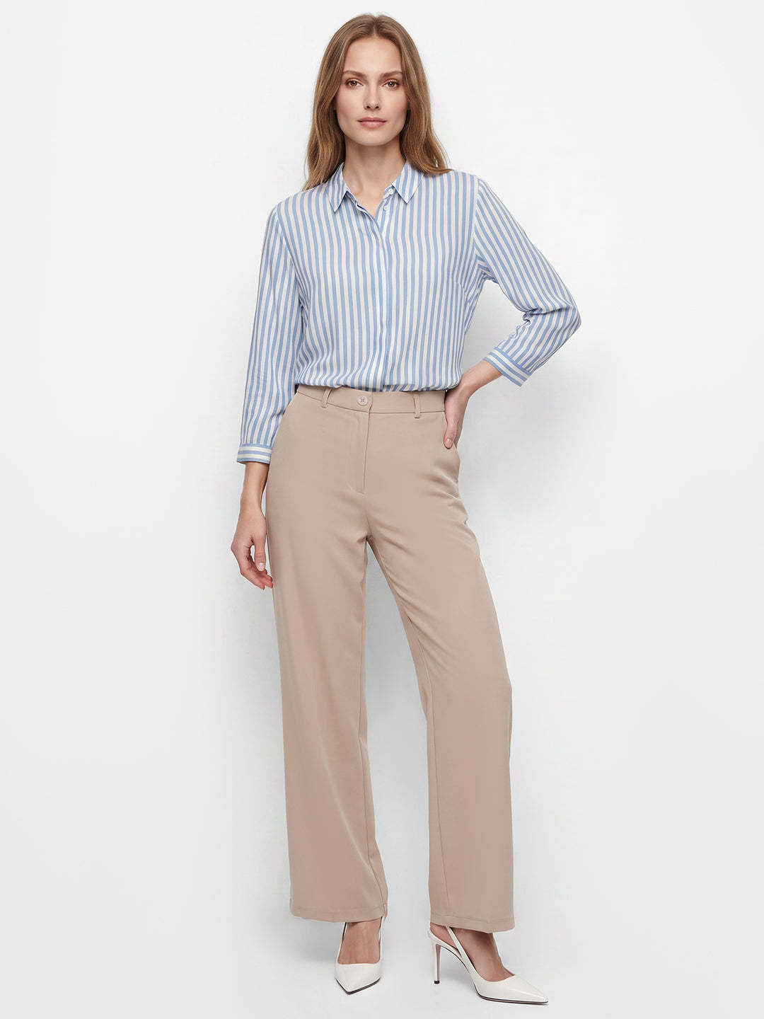 Women Beige High-Rise Wide Leg Jeans