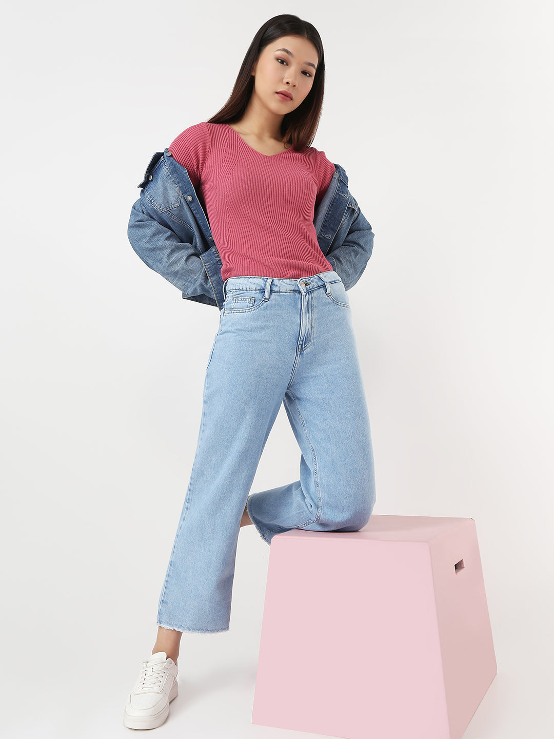 Women Medium Blue Crop Wide Leg Jeans