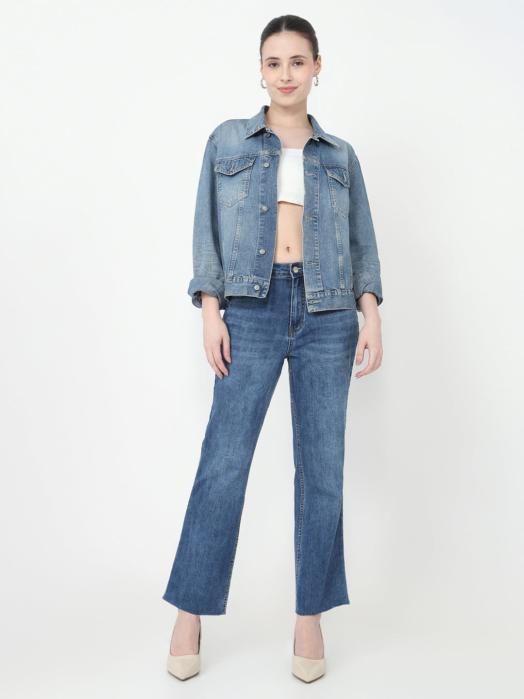 Women Blue High-Rise Crop Flare Jeans