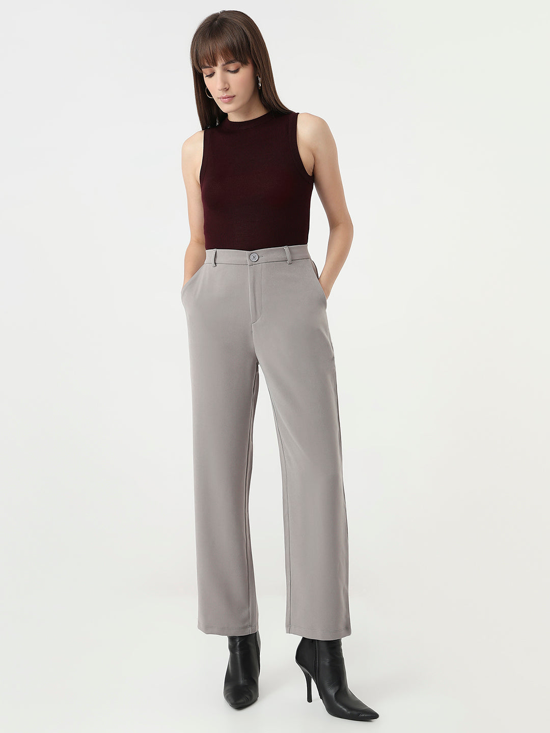 Women Ash High-Rise Straight Fit Korean Pants