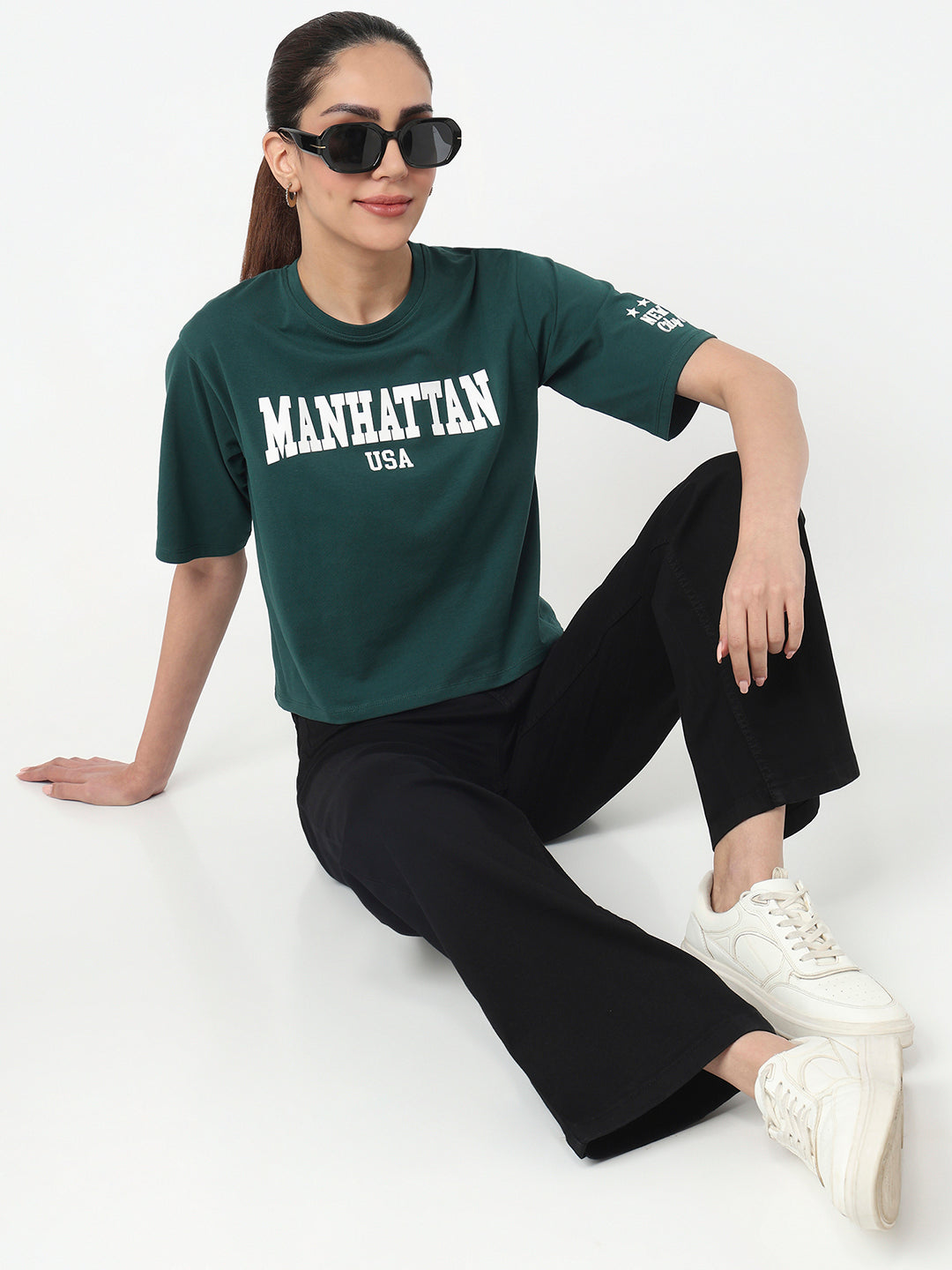 Women Bottle Green Graphic Crop Tees