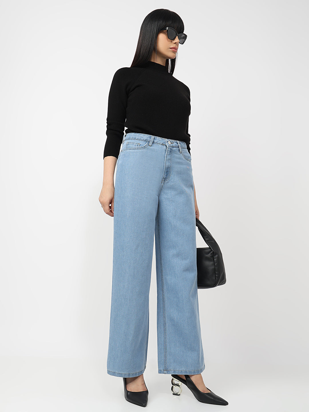 Women Light Blue High-Rise Wide Leg Shimmer Jeans