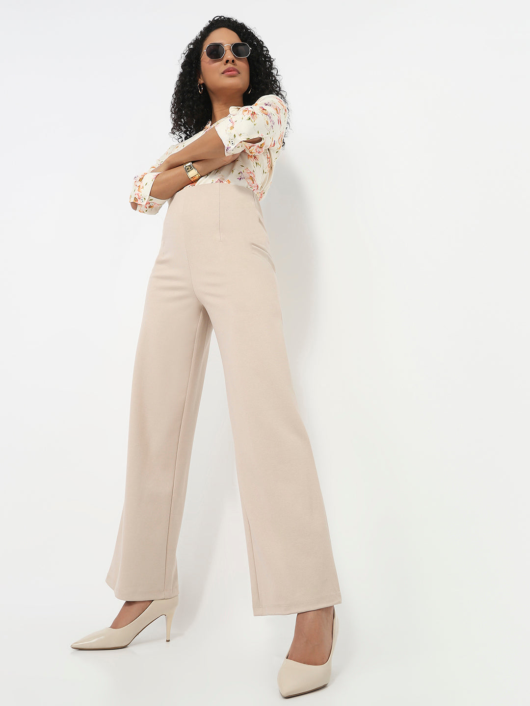 Women Beige Wide Leg Treggings