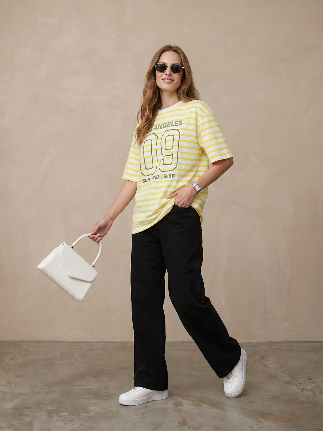 Women Yellow/White Oversized T-Shirt