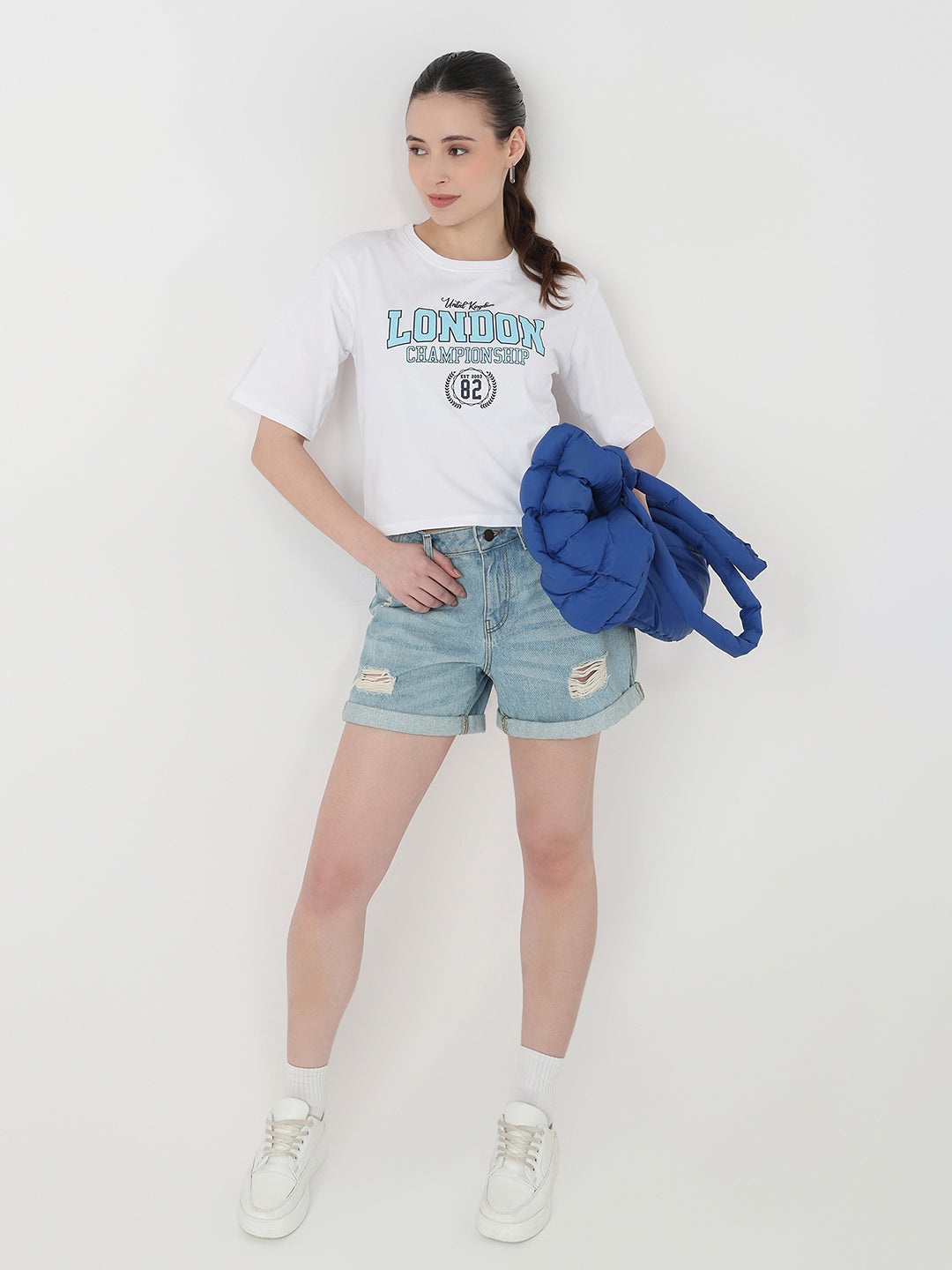 Women White Slim Fit Graphic Crop T-Shirt