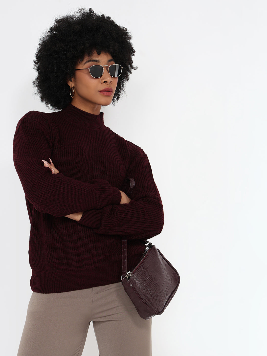 Women Maroon Slim Fit Sweater