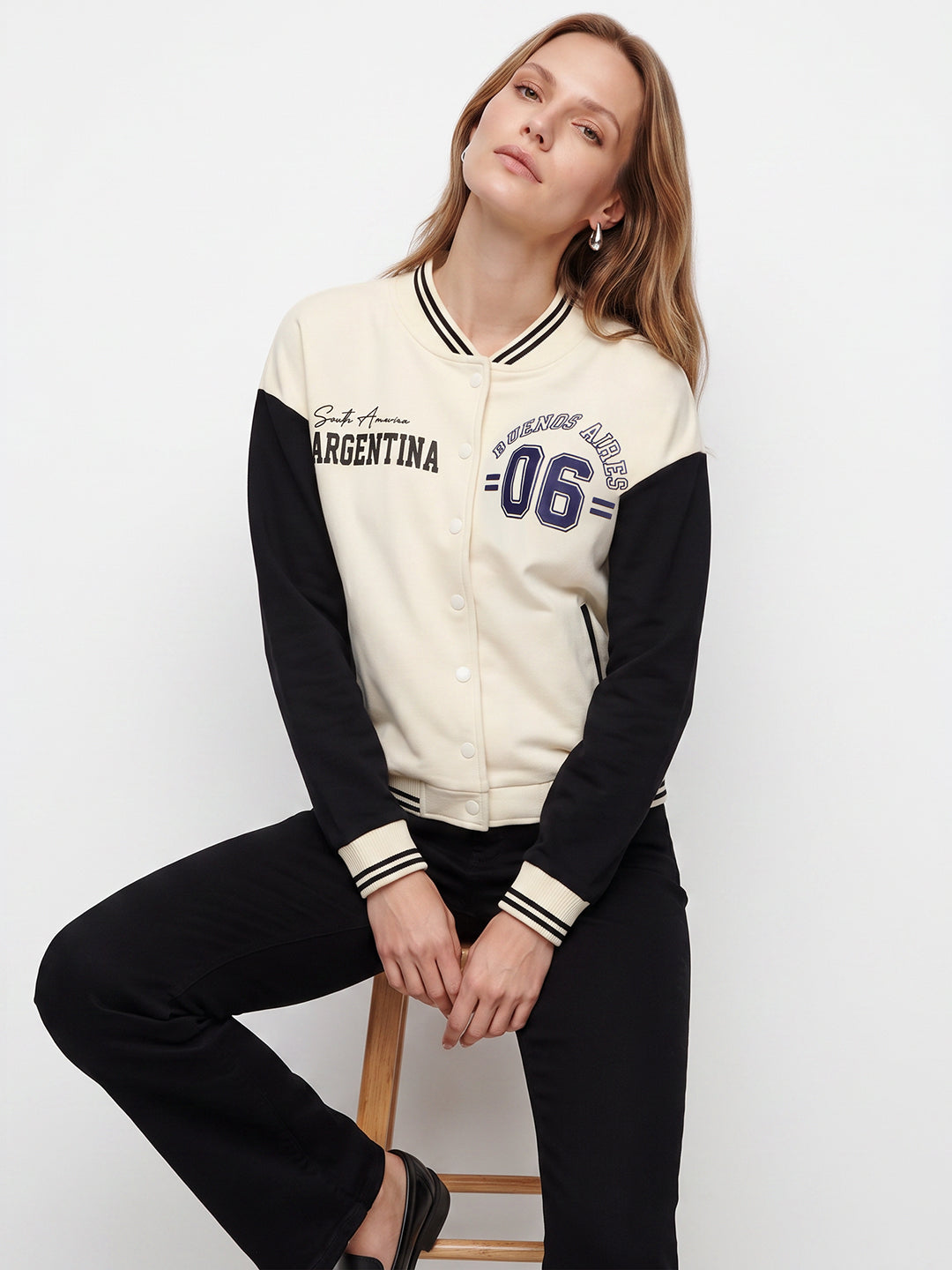 Women Ivory/Black Varsity Jacket