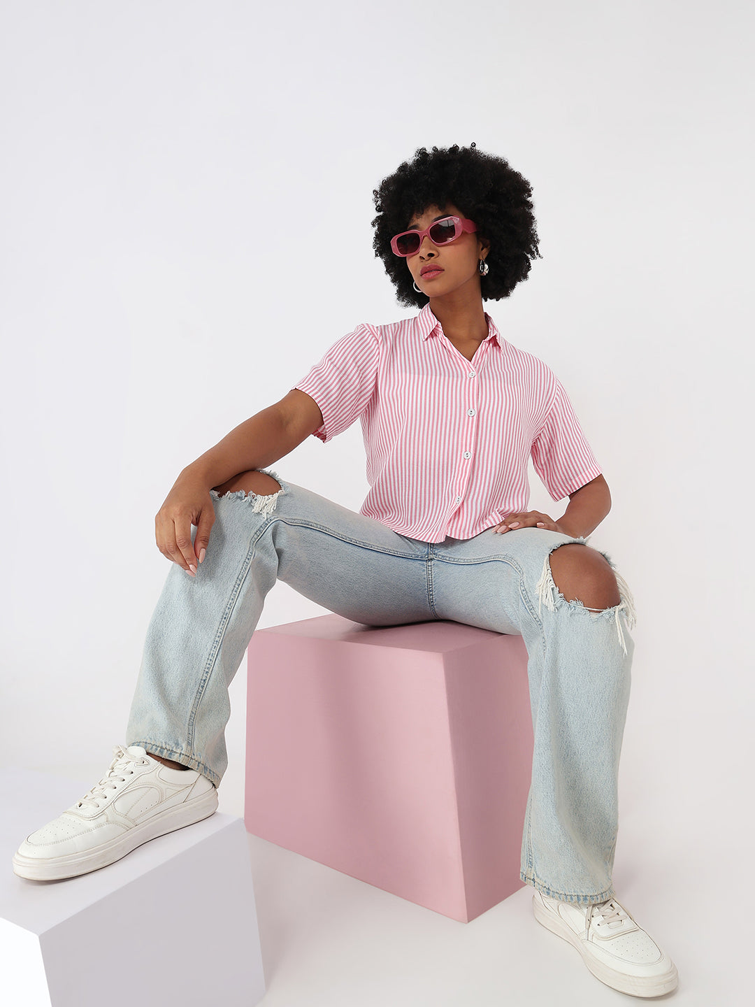 Women Pink/White Crop Slim Shirt
