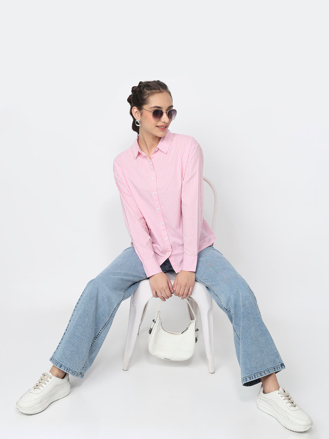 Women Pink/White Oversized Shirt
