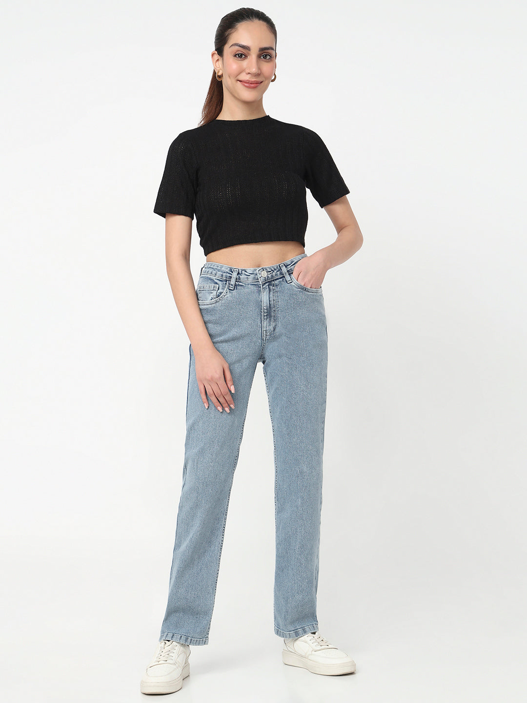 Women Light Blue High-Rise Slim Straight Fit Jeans