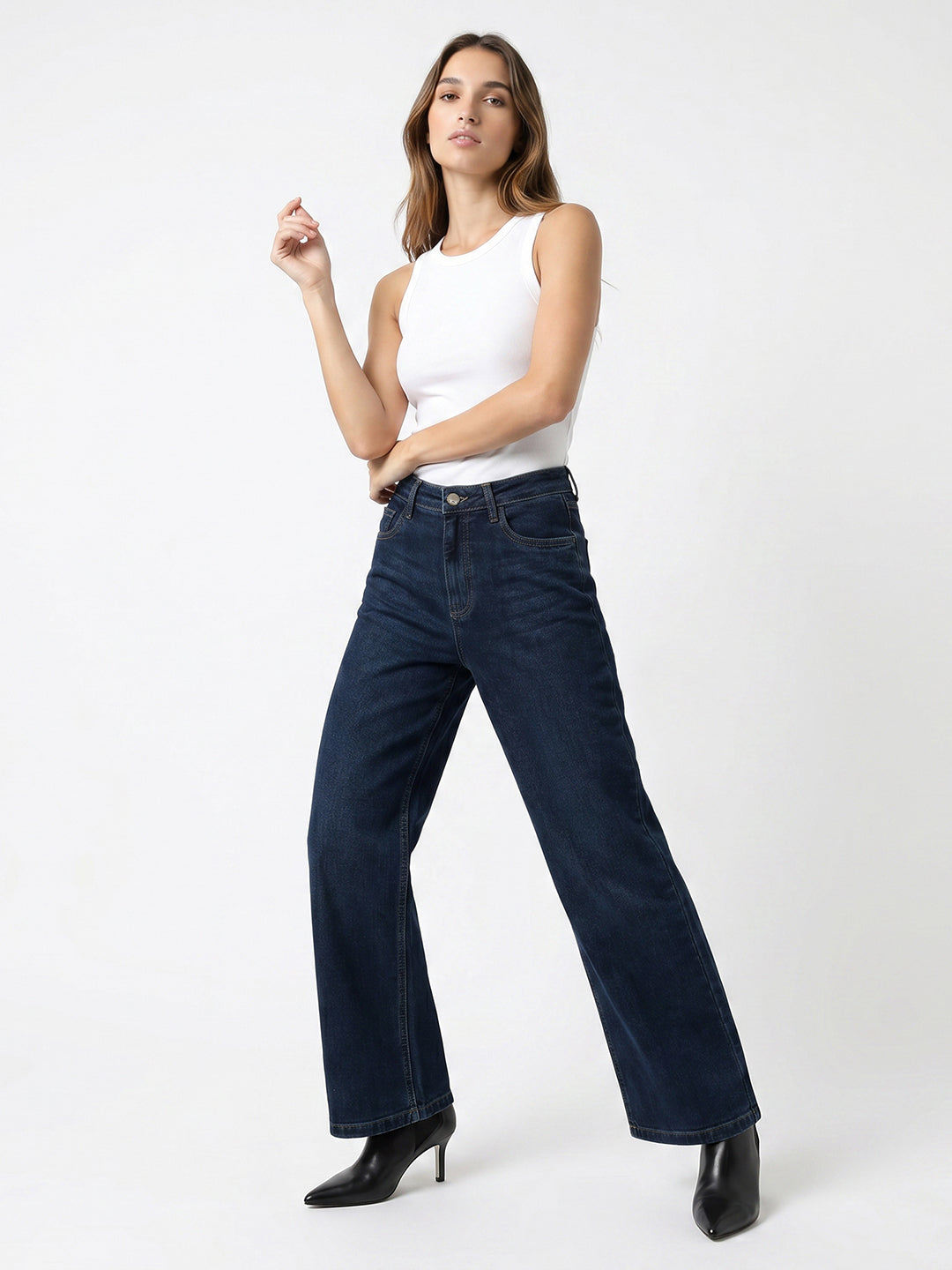 Women Dark Blue High-Rise Crop Wide Leg Jeans