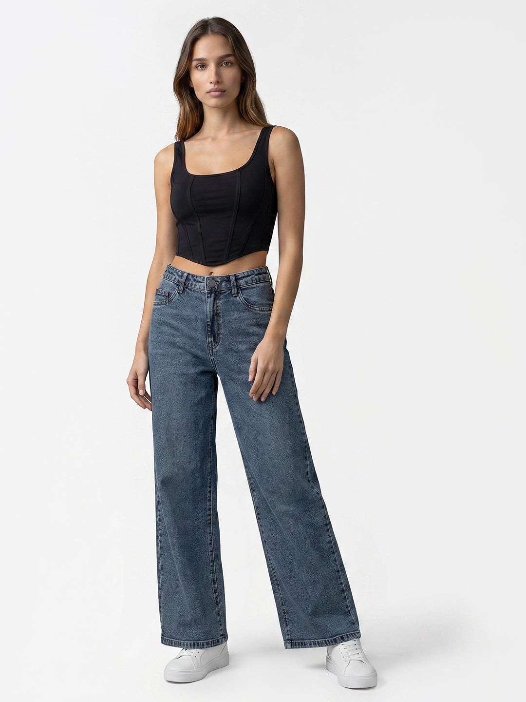 Women Blue High-Rise Crop Wide Leg Jeans