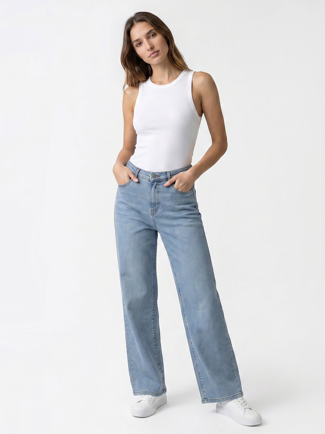 Women Light Blue High-Rise Wide Leg Jeans