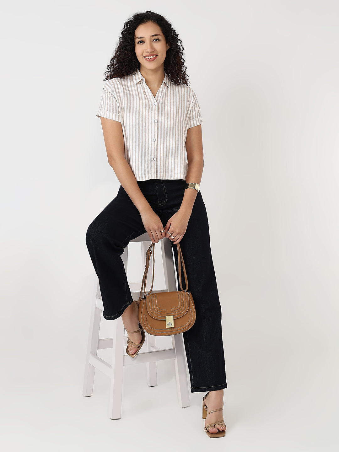 Women Beige/White Slim Crop Shirt