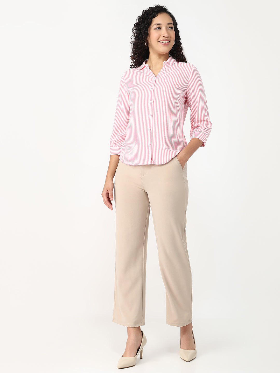 Women Beige High-Rise Loose Straight Fit Korean Pants