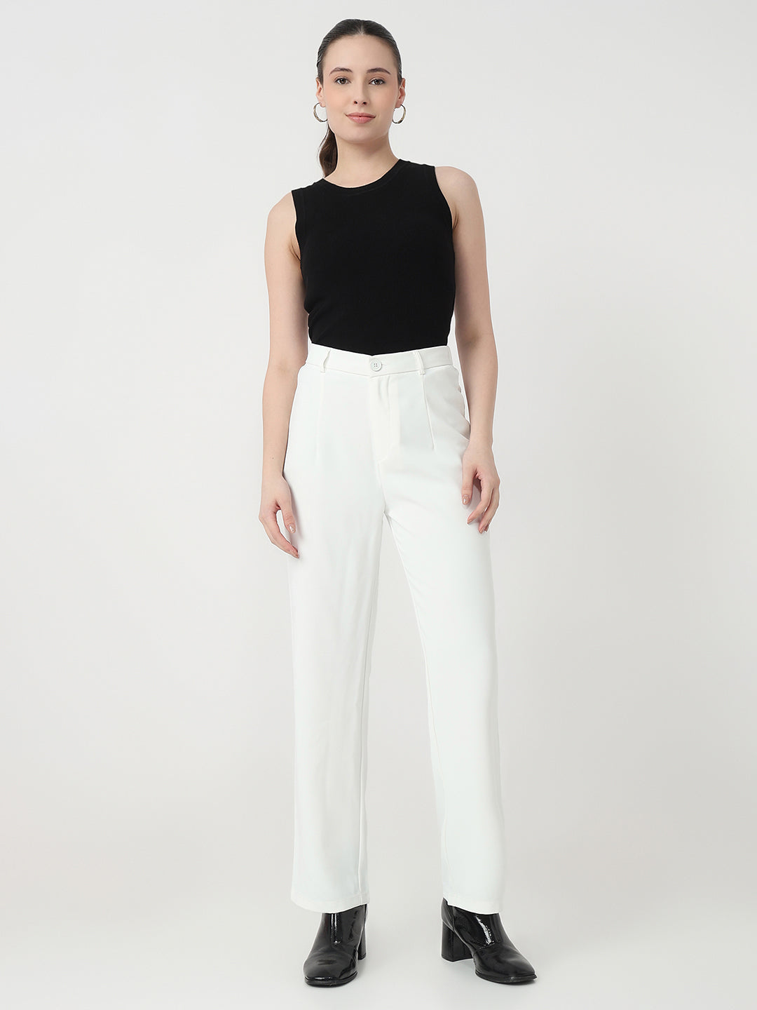 Women White High-Rise Straight Korean Pants