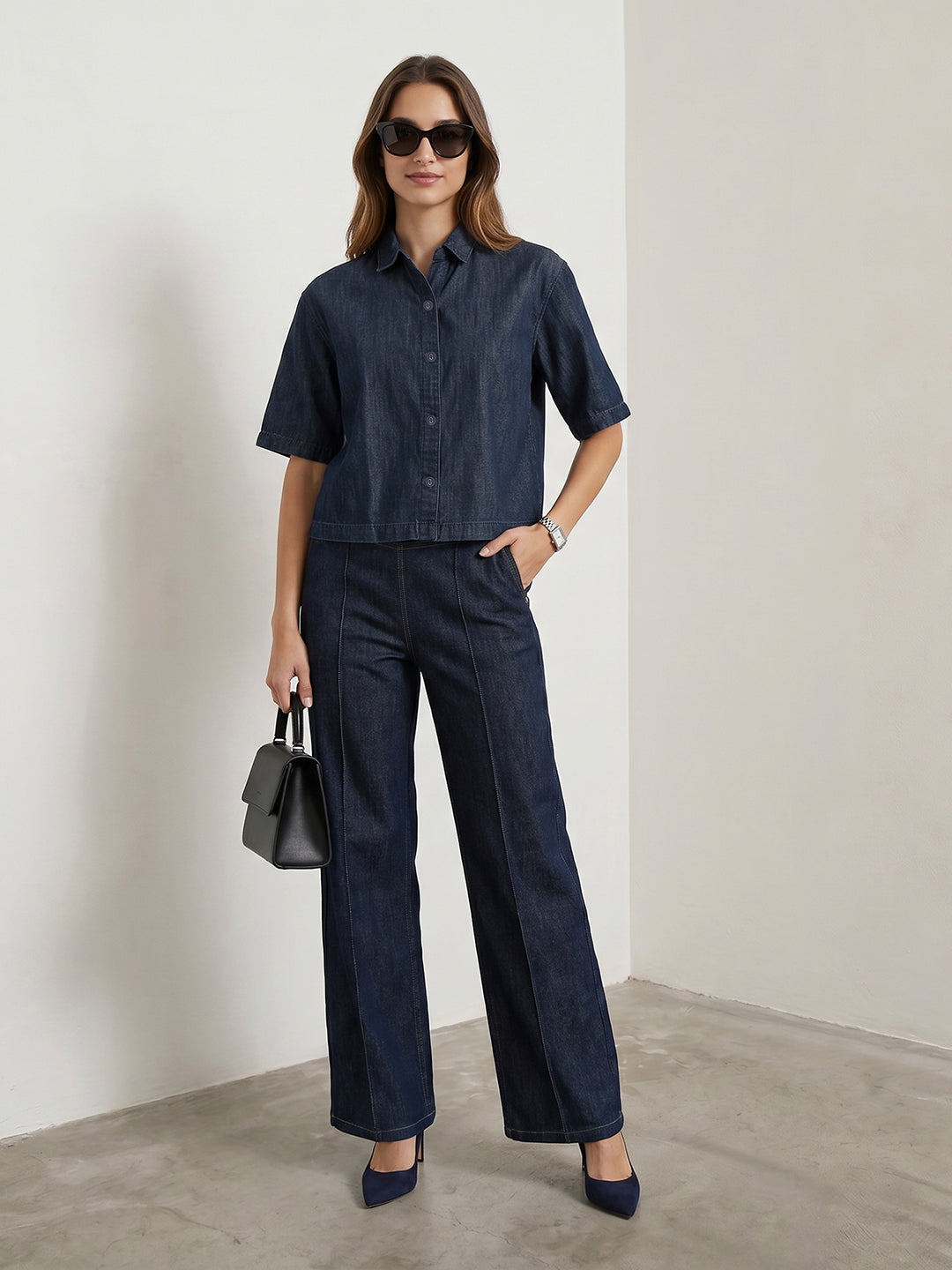 Women Dark Blue Denim Crop Shirt