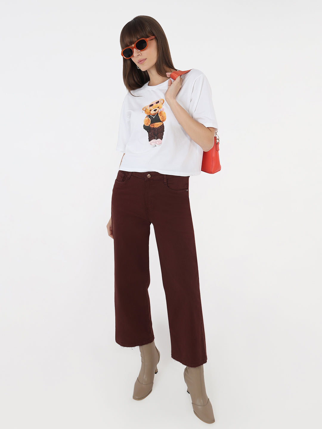 Women White Graphic Crop Slim T-Shirt