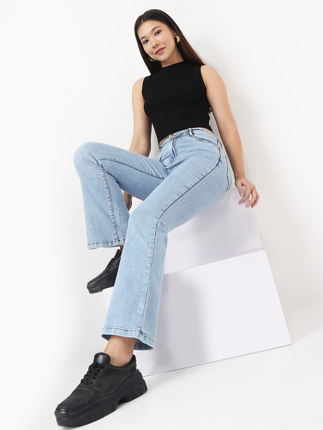 Women Light Blue High-Rise Flare Jeans