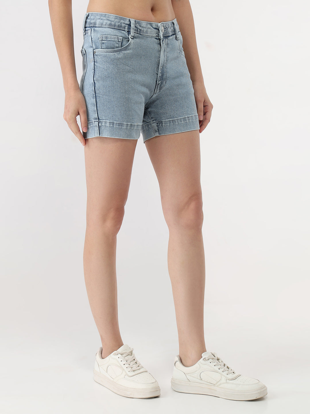 Women Light Blue High-Rise Slim Shorts