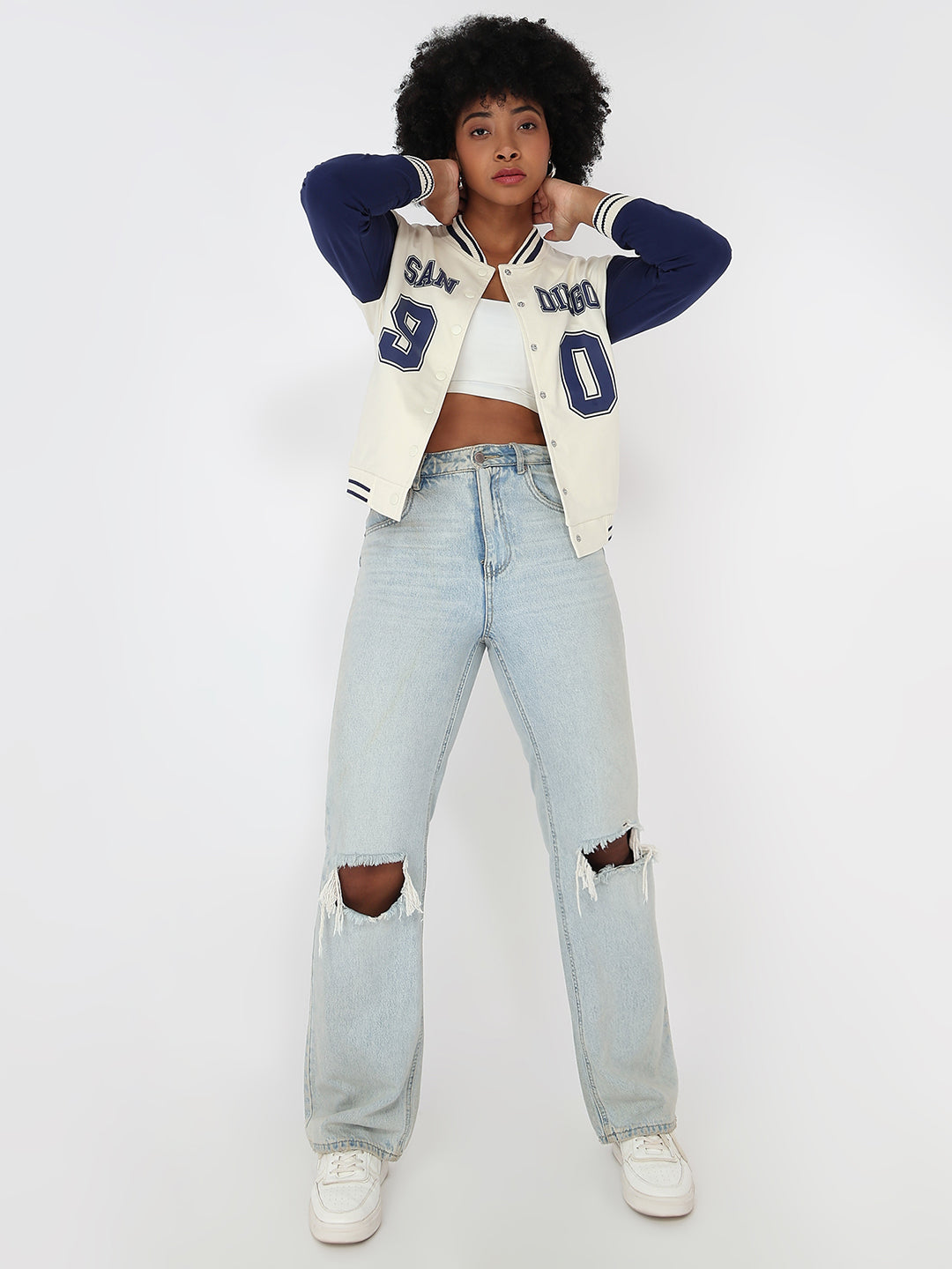 Women Ivory/Blue Slim Fit Varsity Jacket