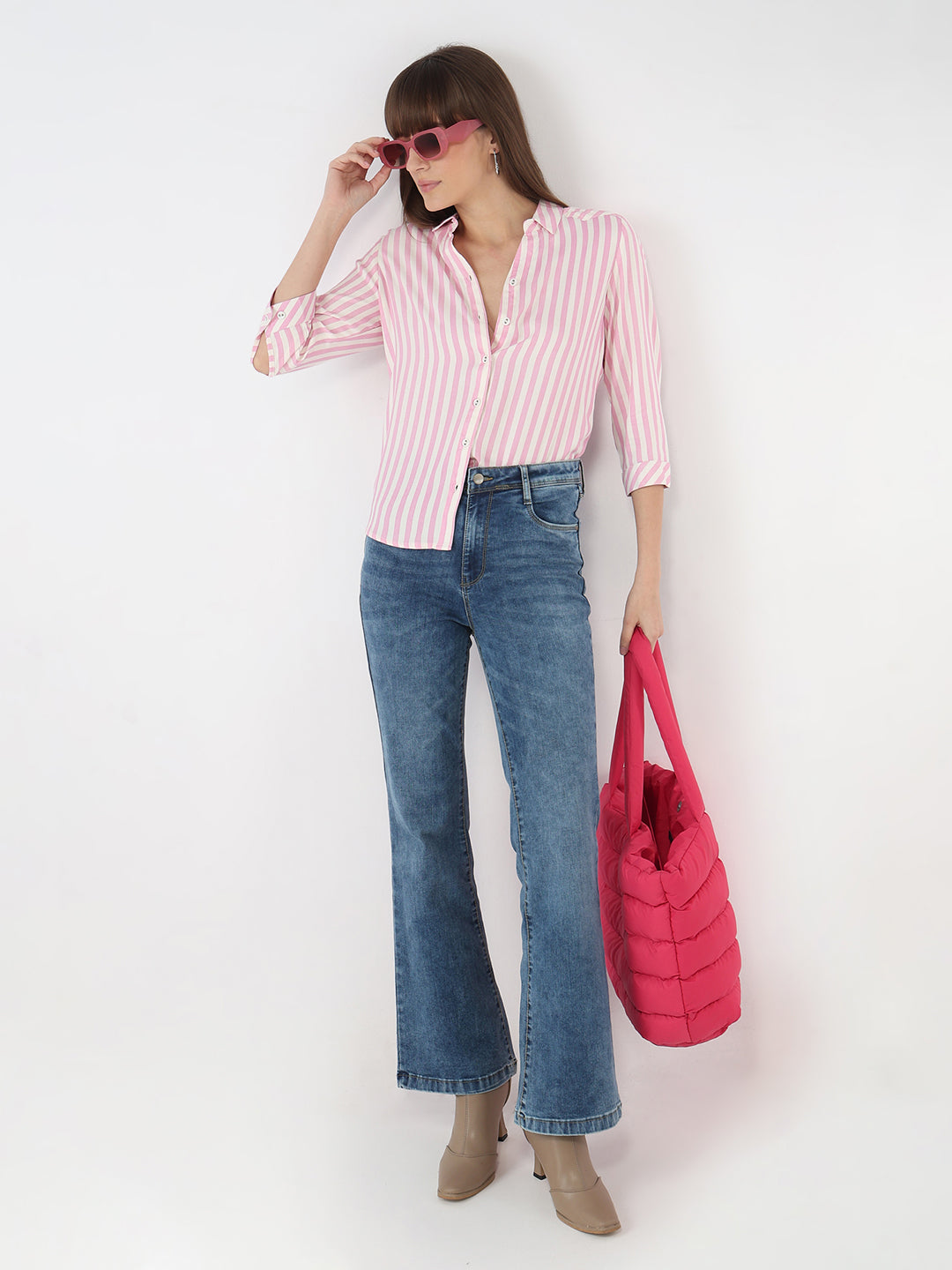 Women Pink/White Striped Slim Shirt