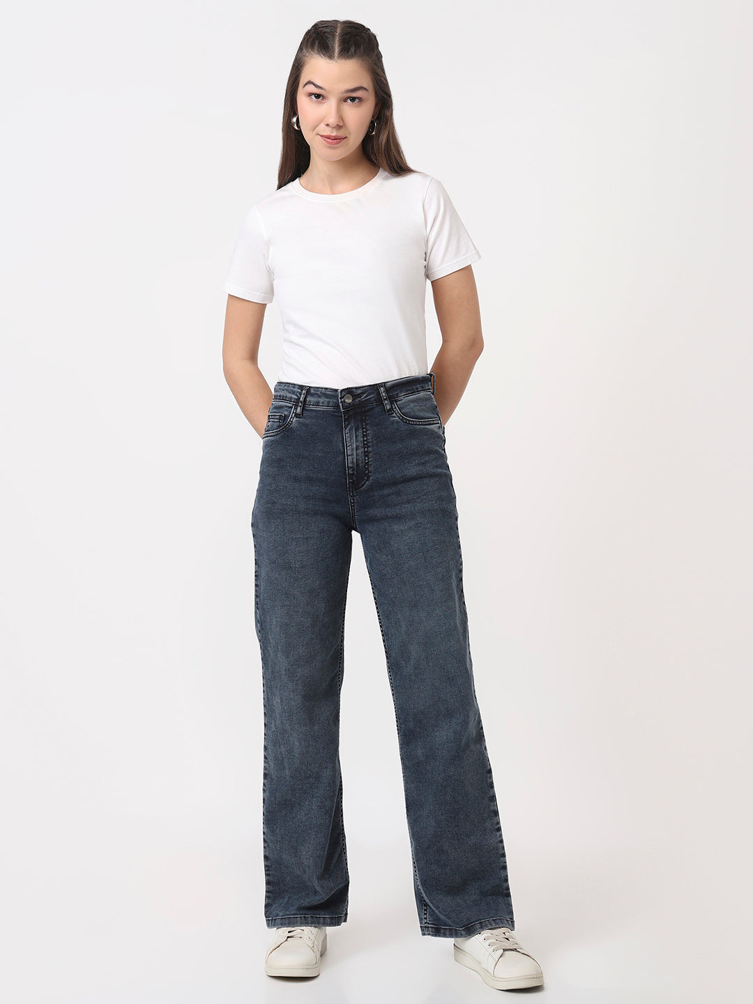 Women Slate Blue High-Rise Straight Fit Jeans
