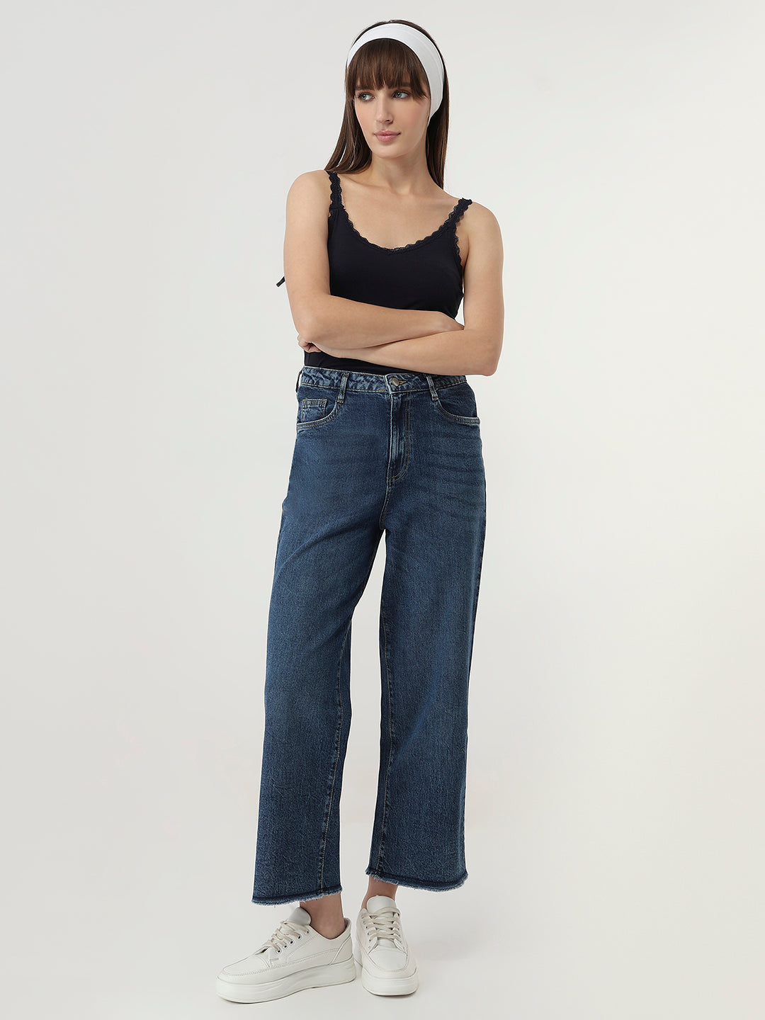 Women Blue High-Rise Crop Wide Leg Jeans