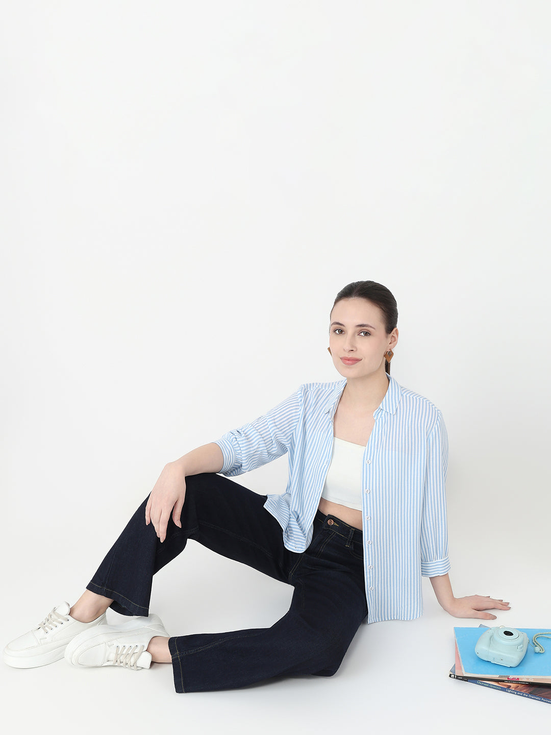 Women Sky/White Slim Fit Stripe Shirt
