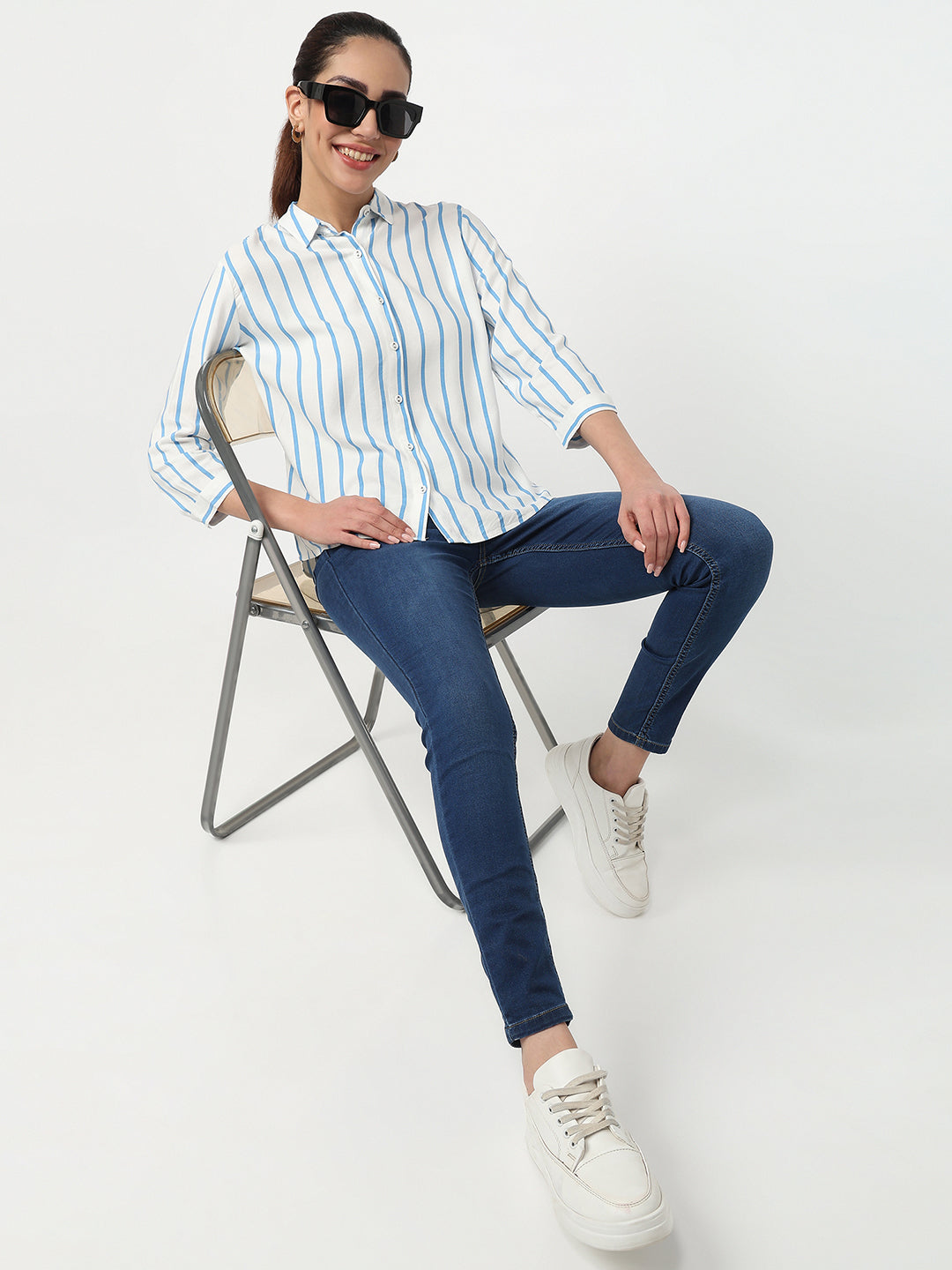 Women Sky/White Striped Shirt