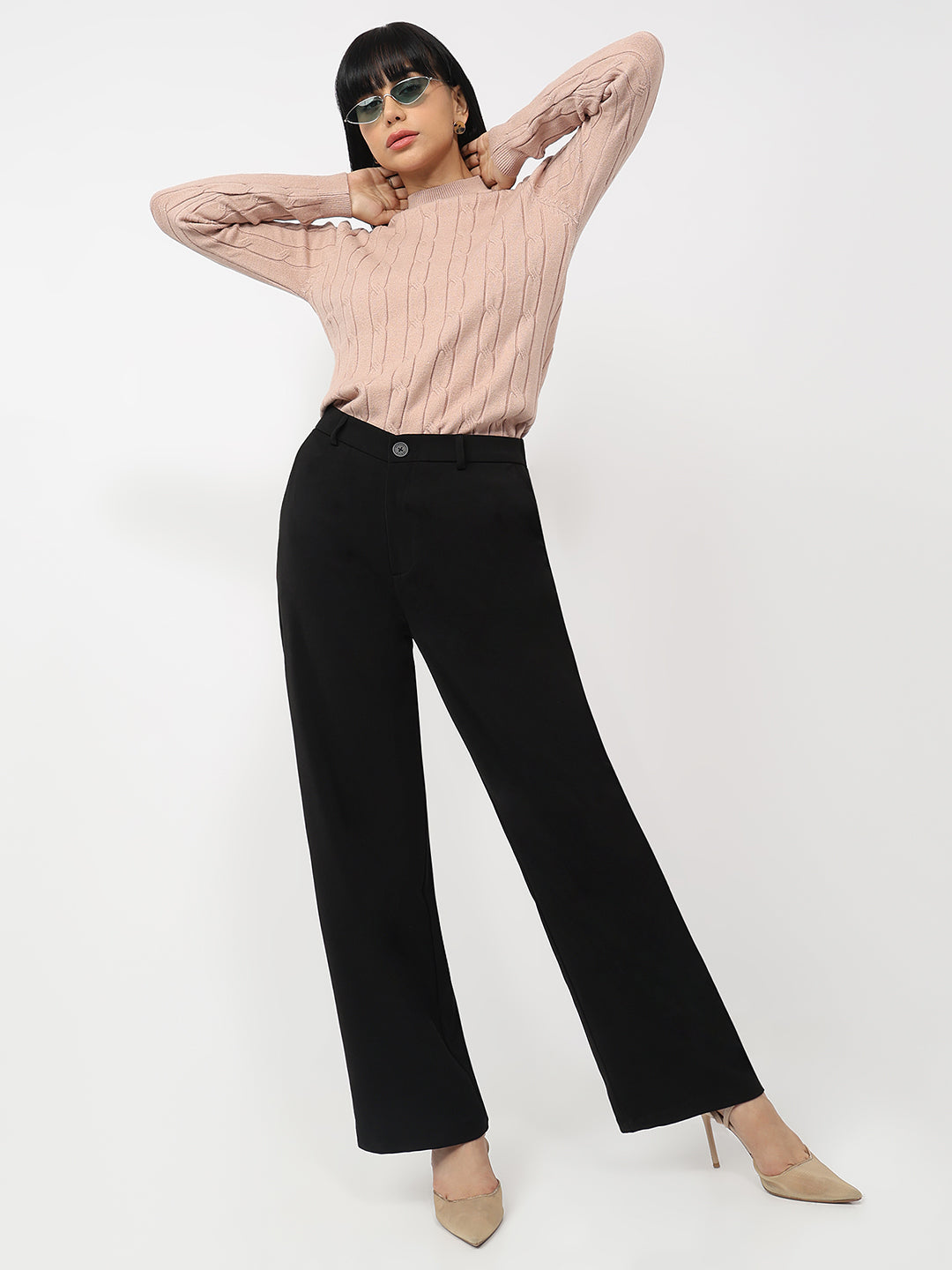 Women Black Mid-Rise Wide Leg Korean Pants