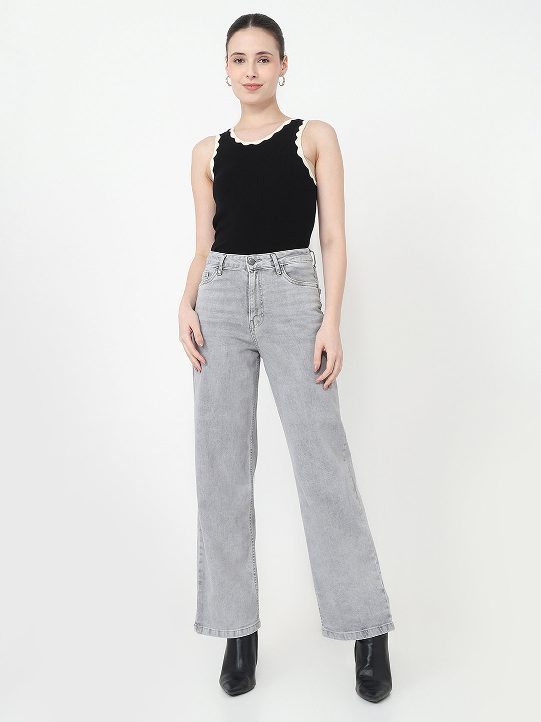 Women Grey High-Rise Wide Leg Jeans