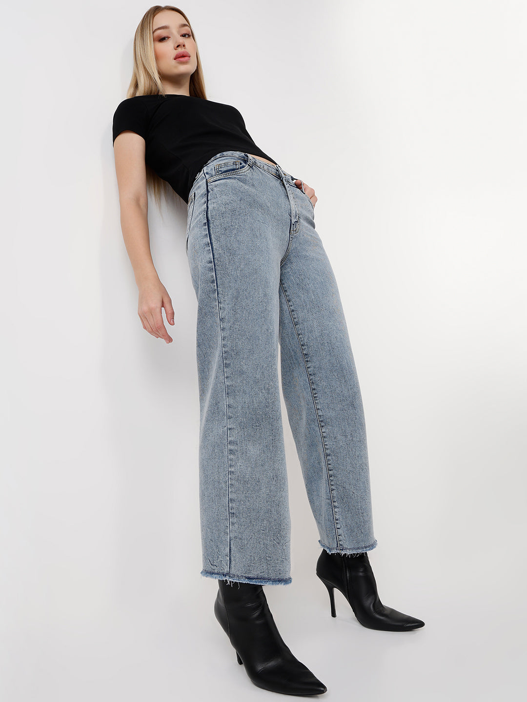 Women Blue Crop High-Rise Wide Leg Jeans